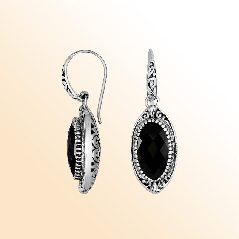 Handcrafted Sterling Silver Black Onyx Faceted Oval Earrings With Ornate Bali Detailing
