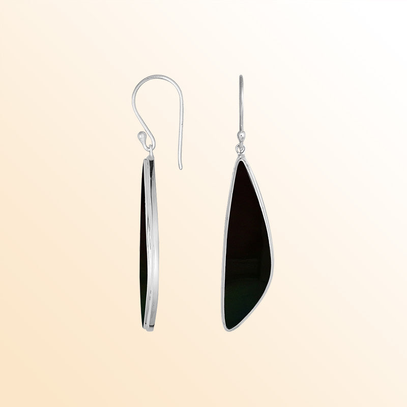 Handcrafted Sterling Silver Black Shell Asymmetric Drop Earrings With Polished Frame