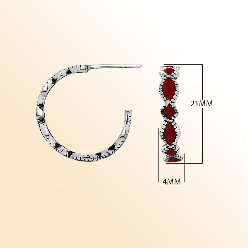 Sterling silver Red Coral hoop earrings with Balinese handicraft design handcrafted in Bali