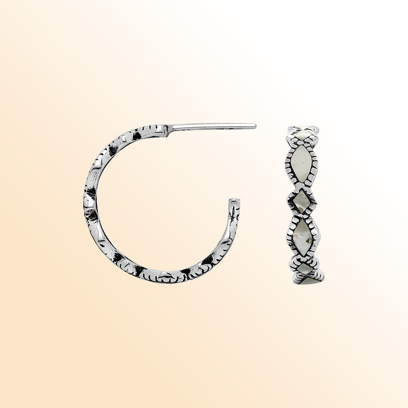Sterling silver Mother Of Pearl hoop earrings with Balinese handicraft design handcrafted in Bali