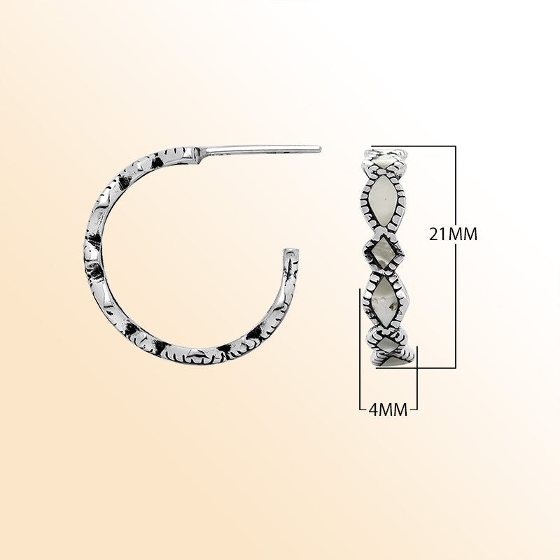 Sterling silver Mother Of Pearl hoop earrings with Balinese handicraft design handcrafted in Bali