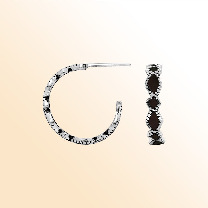 Handcrafted Sterling Silver Black Shell Twisted Marquise Hoop Earrings