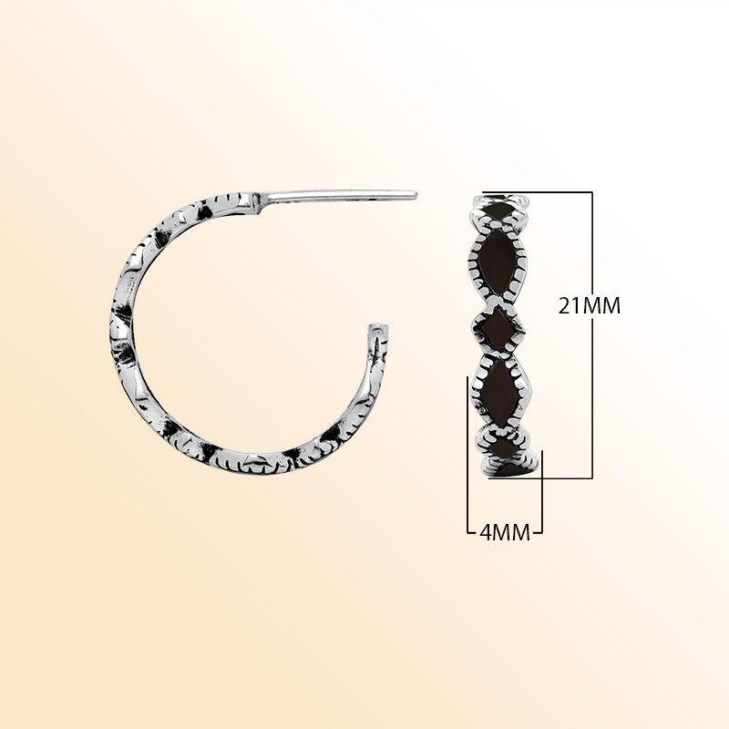Handcrafted Sterling Silver Black Shell Twisted Marquise Hoop Earrings