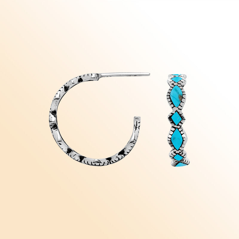 Handcrafted Sterling Silver Turquoise Shell Twisted Marquise Hoop Earrings