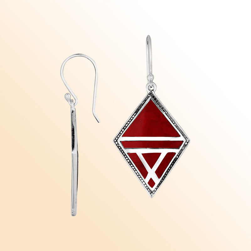 Handcrafted Sterling Silver Red Coral Diamond Openwork Drop Earrings