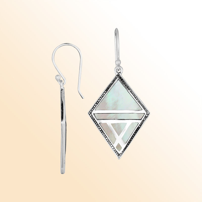 Handcrafted Sterling Silver Mother Of Pearl Diamond Openwork Drop Earrings