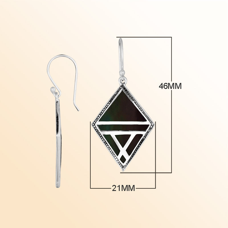 Handcrafted Sterling Silver Black Shell Diamond Openwork Drop Earrings