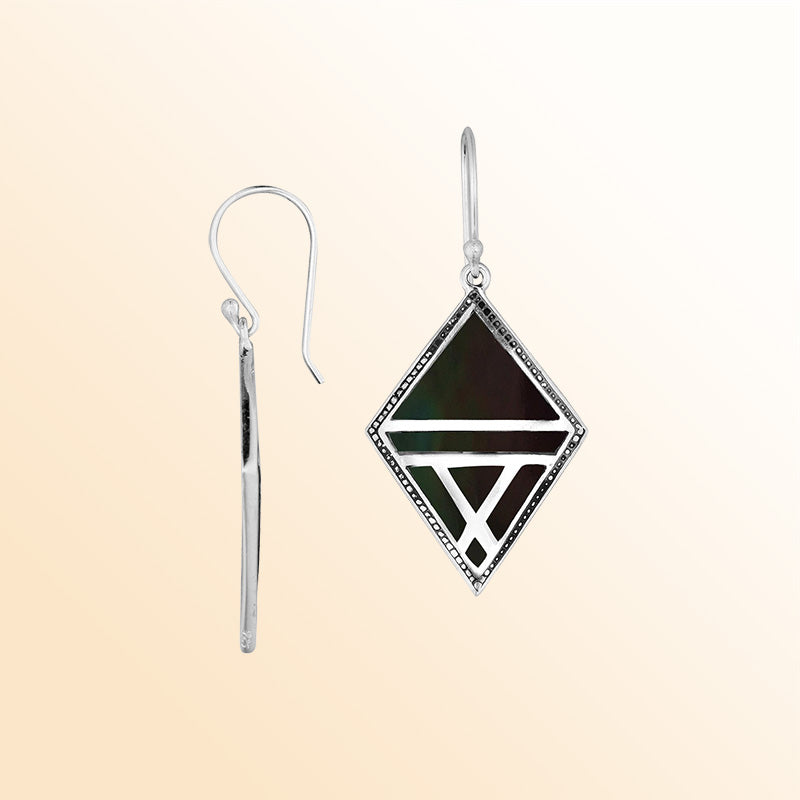 Handcrafted Sterling Silver Black Shell Diamond Openwork Drop Earrings