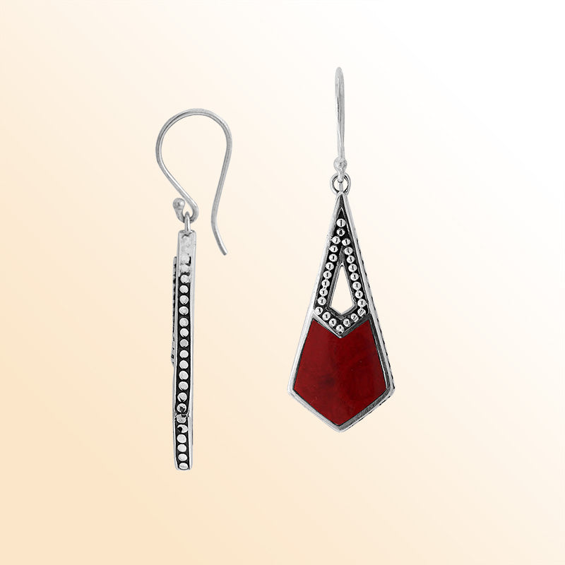 Handcrafted Sterling Silver Red Coral Geometric Dotted Drop Earrings