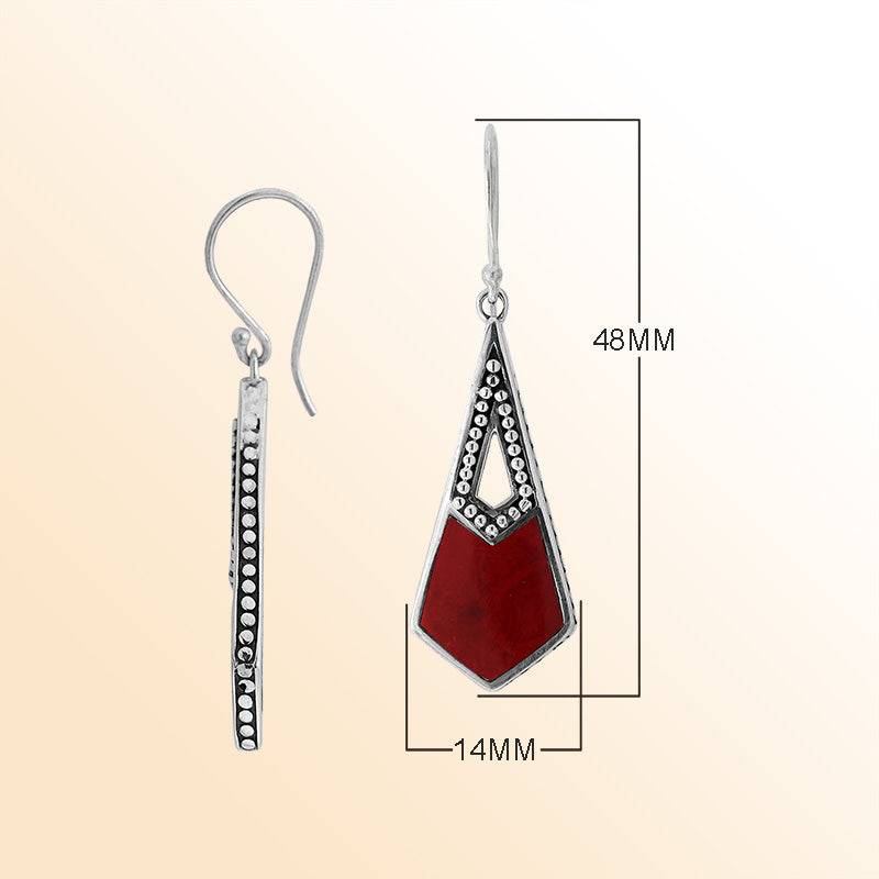 Handcrafted Sterling Silver Red Coral Geometric Dotted Drop Earrings