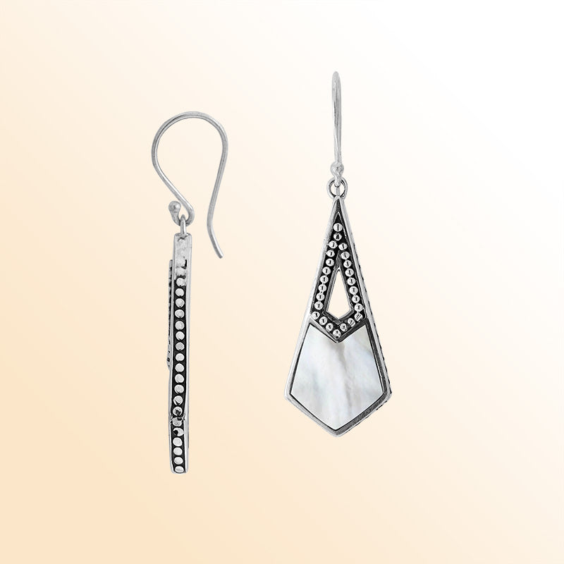 Handcrafted Sterling Silver Mother Of Pearl Geometric Dotted Drop Earrings