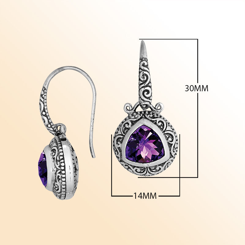 Handcrafted Sterling Silver Earrings With Faceted Amethyst Quartz Triangle And Detailed Bali Scroll Art For Elegant Wear
