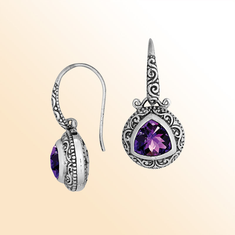 Handcrafted Sterling Silver Earrings With Faceted Amethyst Quartz Triangle And Detailed Bali Scroll Art For Elegant Wear