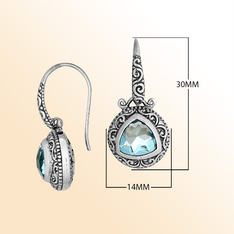 Handcrafted Sterling Silver Earrings With Faceted Blue Topaz Quartz Triangle And Intricate Bali Scroll Art Detailing