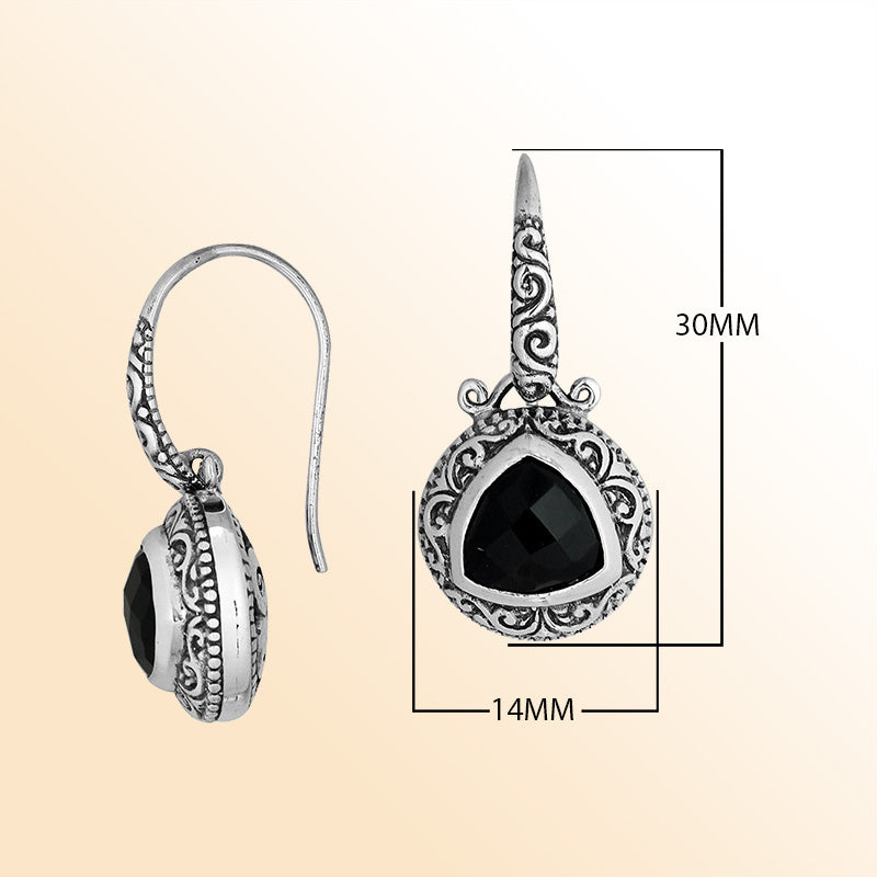 Handcrafted Sterling Silver Earrings Featuring Faceted Black Onyx Triangle With Antique Bali Scrollwork And Oxidized Art Detailing