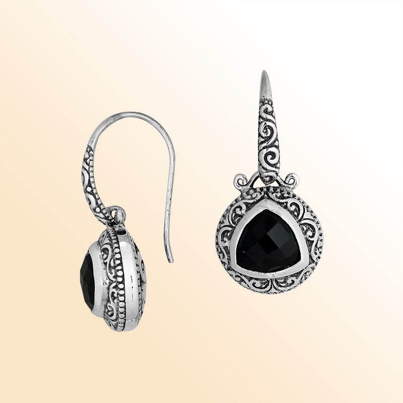 Handcrafted Sterling Silver Earrings Featuring Faceted Black Onyx Triangle With Antique Bali Scrollwork And Oxidized Art Detailing