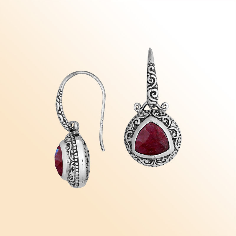 Handcrafted Sterling Silver Earrings With Faceted Ruby Triangle And Ornate Bali Scroll Art Detailing For Elegant Wear