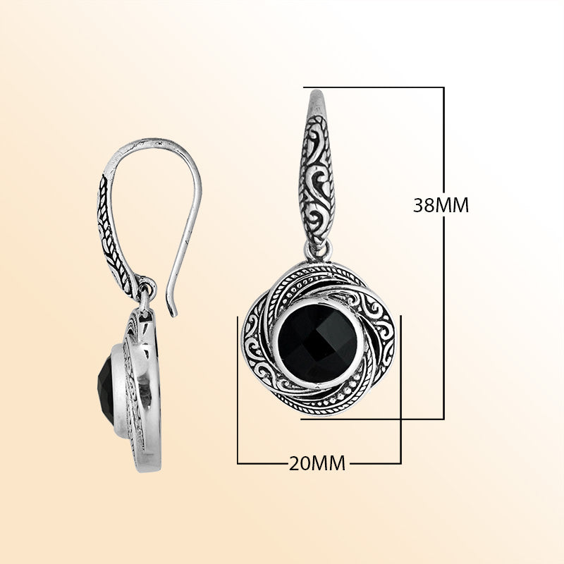 Retail sterling silver Black Onyx Balinese swirl drop earrings with oxidized detailing.