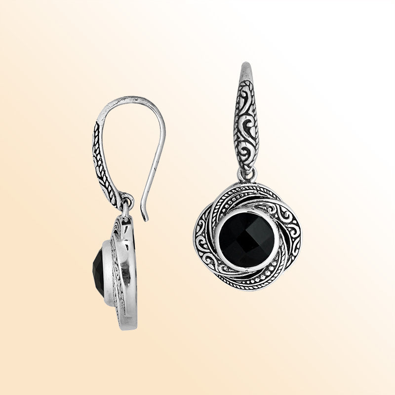 Retail sterling silver Black Onyx Balinese swirl drop earrings with oxidized detailing.