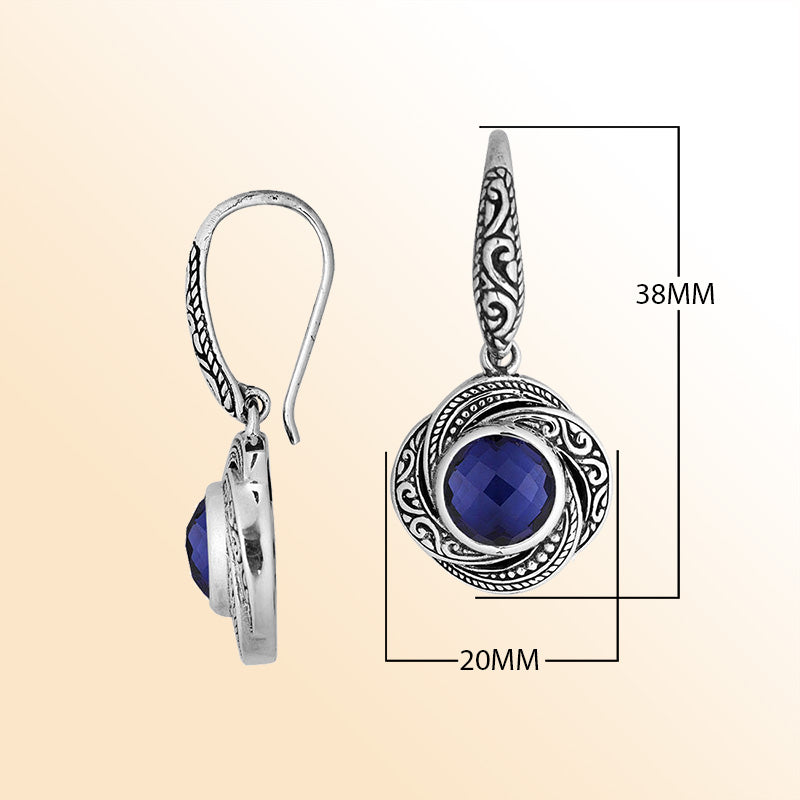 Retail sterling silver Sapphire Balinese swirl drop earrings with oxidized detailing.