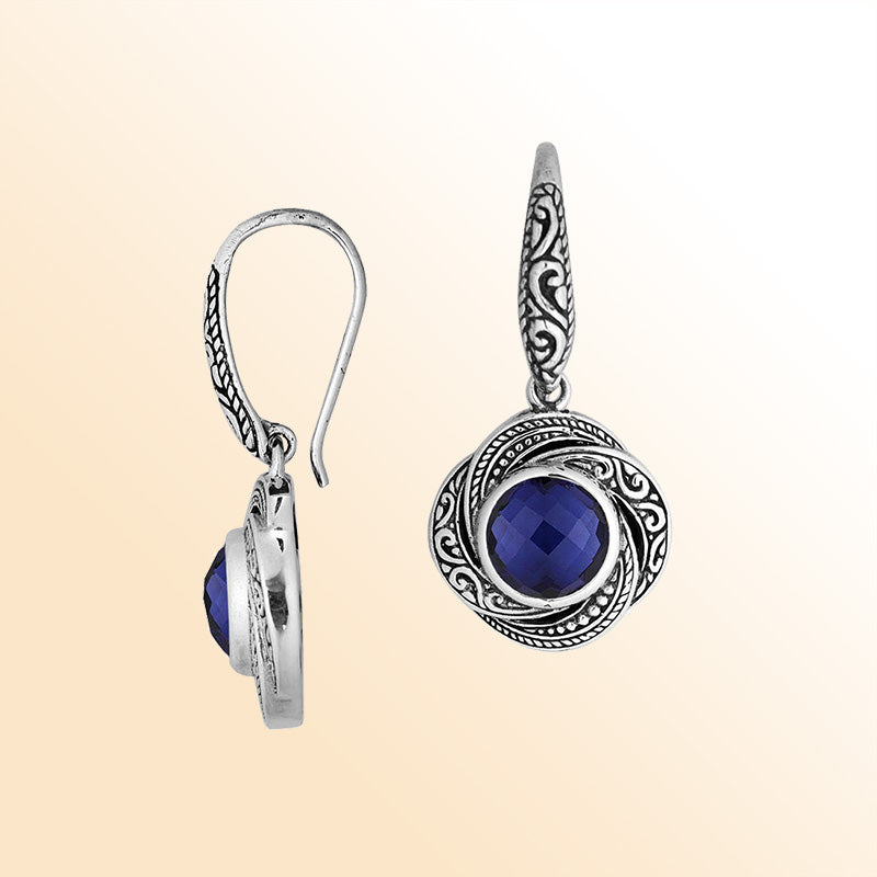 Retail sterling silver Sapphire Balinese swirl drop earrings with oxidized detailing.