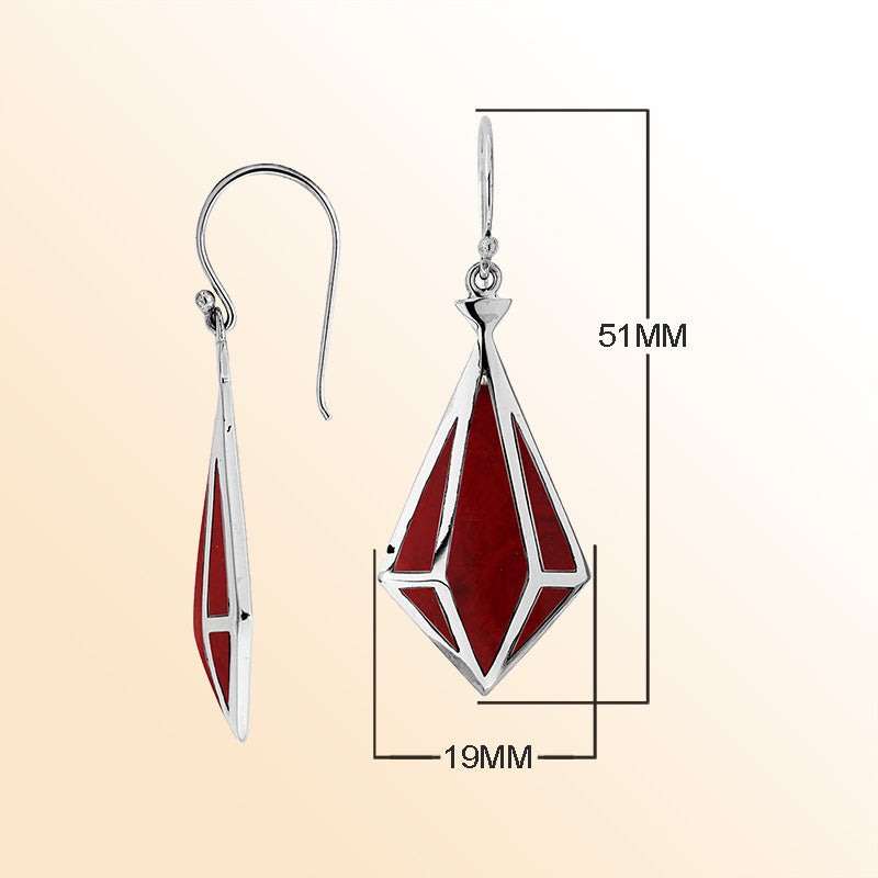 Sterling Silver Red Coral  Prism Earrings With Polished Finish Handcrafted In Bali