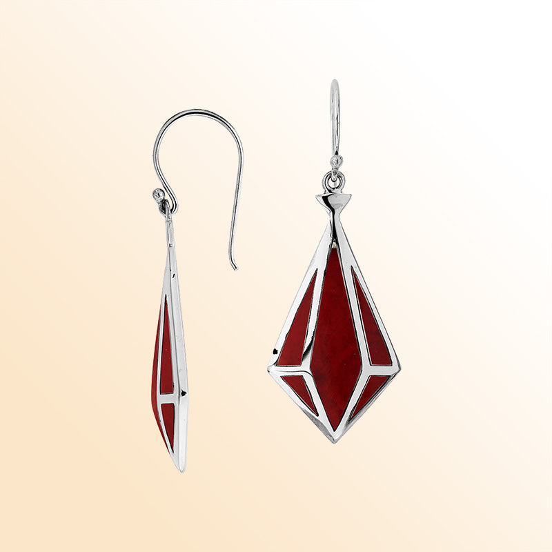 Sterling Silver Red Coral  Prism Earrings With Polished Finish Handcrafted In Bali