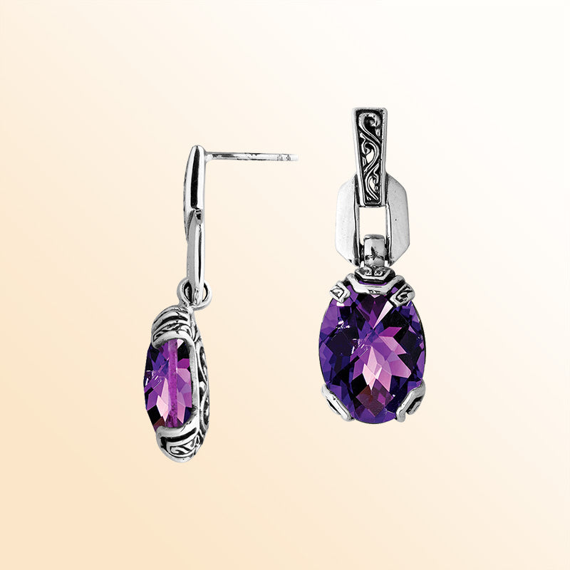 Sterling Silver Amethyst Quartz Twilight Drop Earrings With Balinese Artistic Detailing