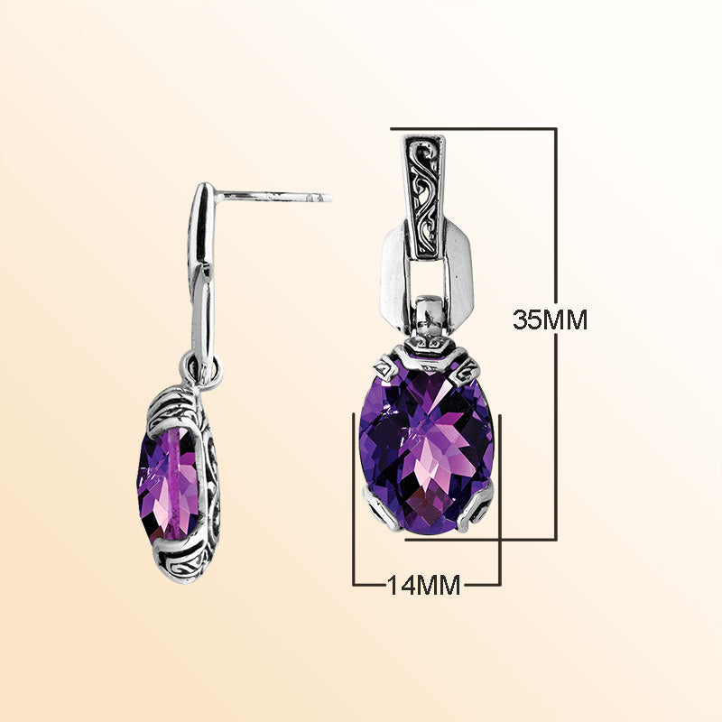 Sterling Silver Amethyst Quartz Twilight Drop Earrings With Balinese Artistic Detailing