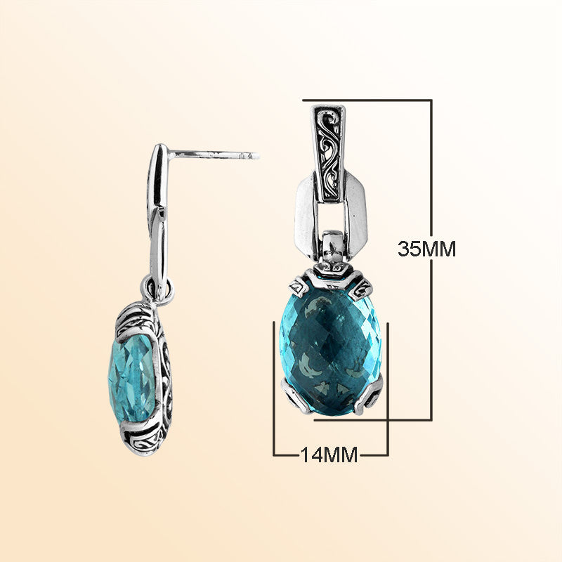 Sterling Silver Blue Topaz Quartz Aurora Drop Earrings With Balinese Artistic Detailing