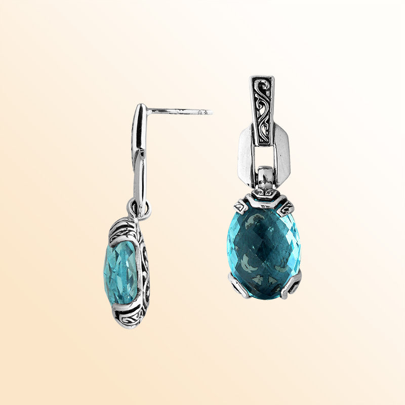 Sterling Silver Blue Topaz Quartz Aurora Drop Earrings With Balinese Artistic Detailing