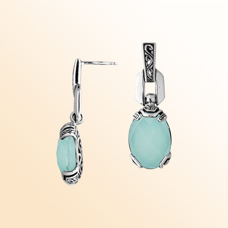 Sterling Silver Green Chalcedony Breeze Drop Earrings With Balinese Artistic Detailing