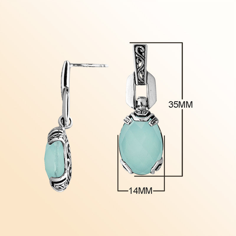 Sterling Silver Green Chalcedony Breeze Drop Earrings With Balinese Artistic Detailing