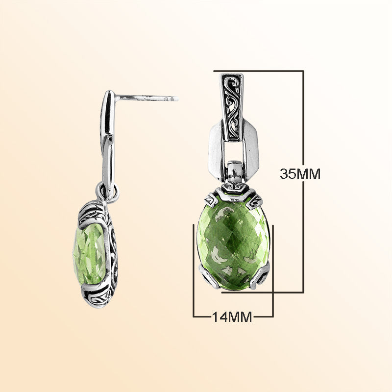 Sterling Silver Green Amethyst Quartz Meadow Drop Earrings With Balinese Artistic Detailing