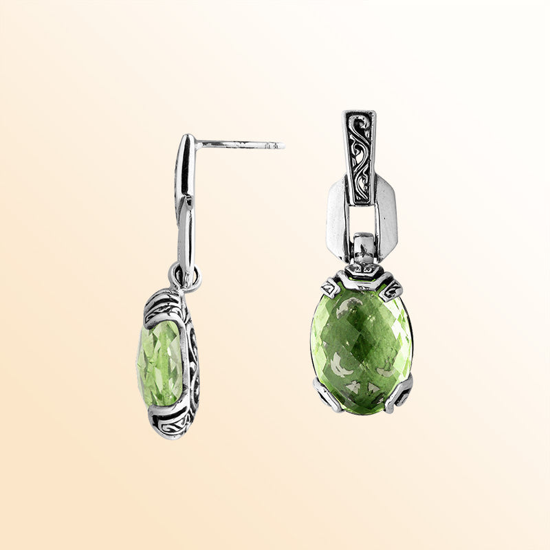 Sterling Silver Green Amethyst Quartz Meadow Drop Earrings With Balinese Artistic Detailing