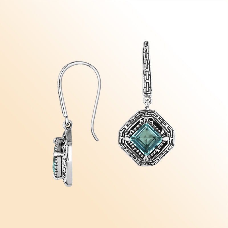 Sterling Silver Blue Topaz Quartz Ocean Mist Drop Earrings With Balinese Geometric Detailing