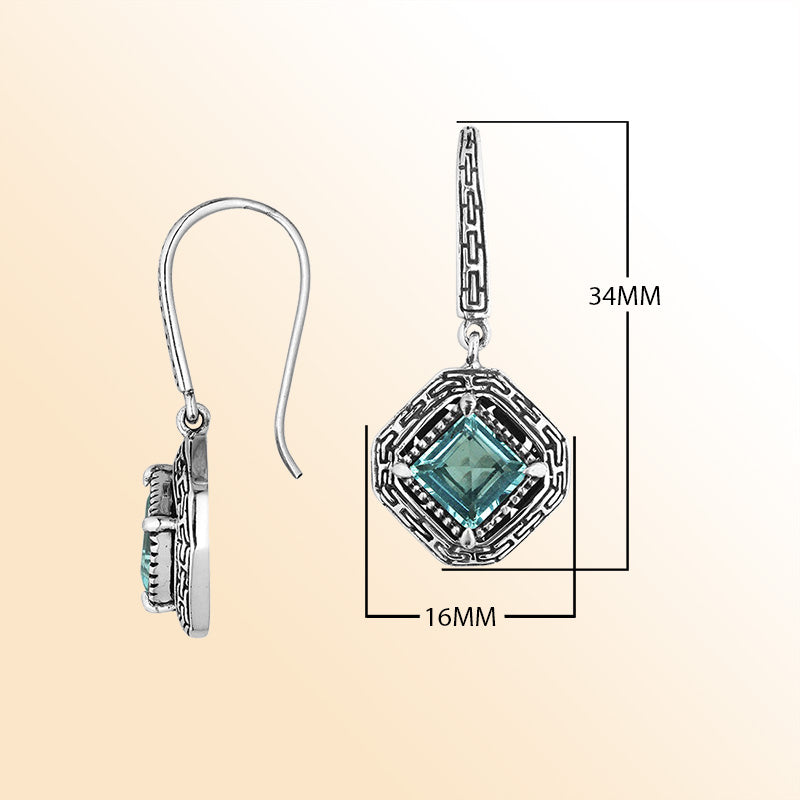 Sterling Silver Blue Topaz Quartz Ocean Mist Drop Earrings With Balinese Geometric Detailing