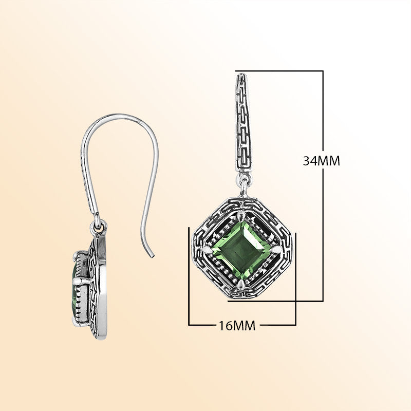 Sterling Silver Green Amethyst Quartz Forest Glow Drop Earrings With Balinese Geometric Detailing