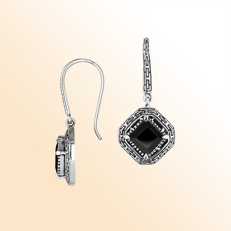 Sterling Silver Black Onyx Midnight Square Drop Earrings With Balinese Geometric Detailing