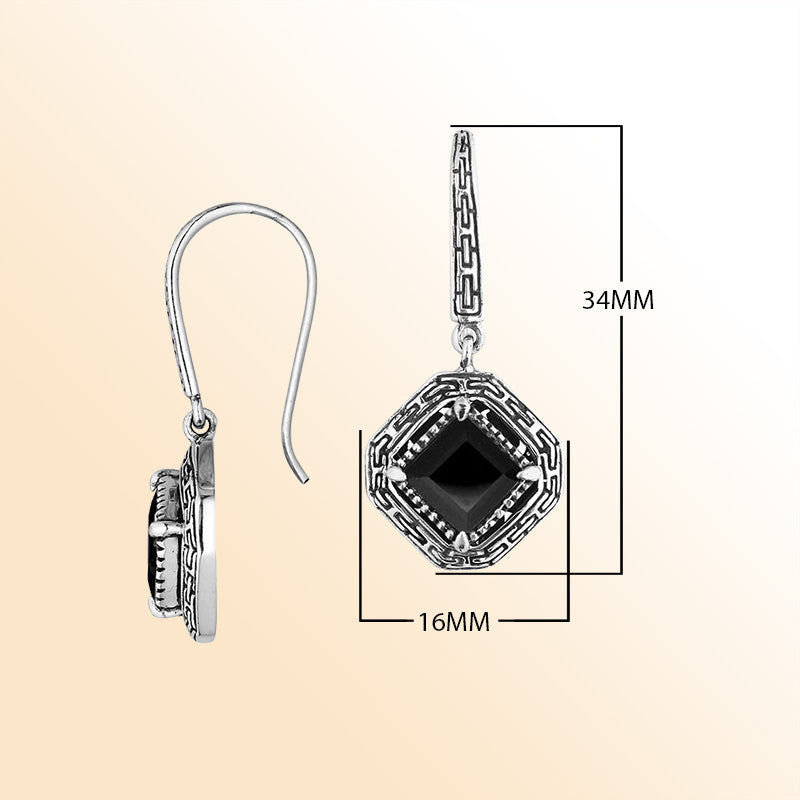 Sterling Silver Black Onyx Midnight Square Drop Earrings With Balinese Geometric Detailing