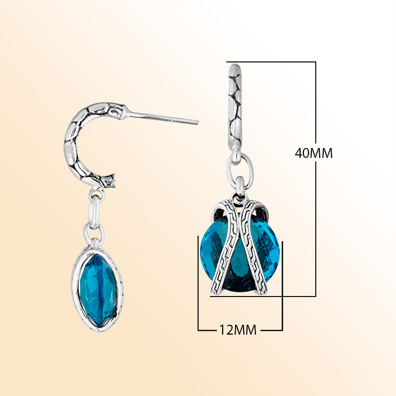 Sterling Silver Blue Topaz Quartz Ocean Drop Earrings With Balinese Artistic Hoop Detailing