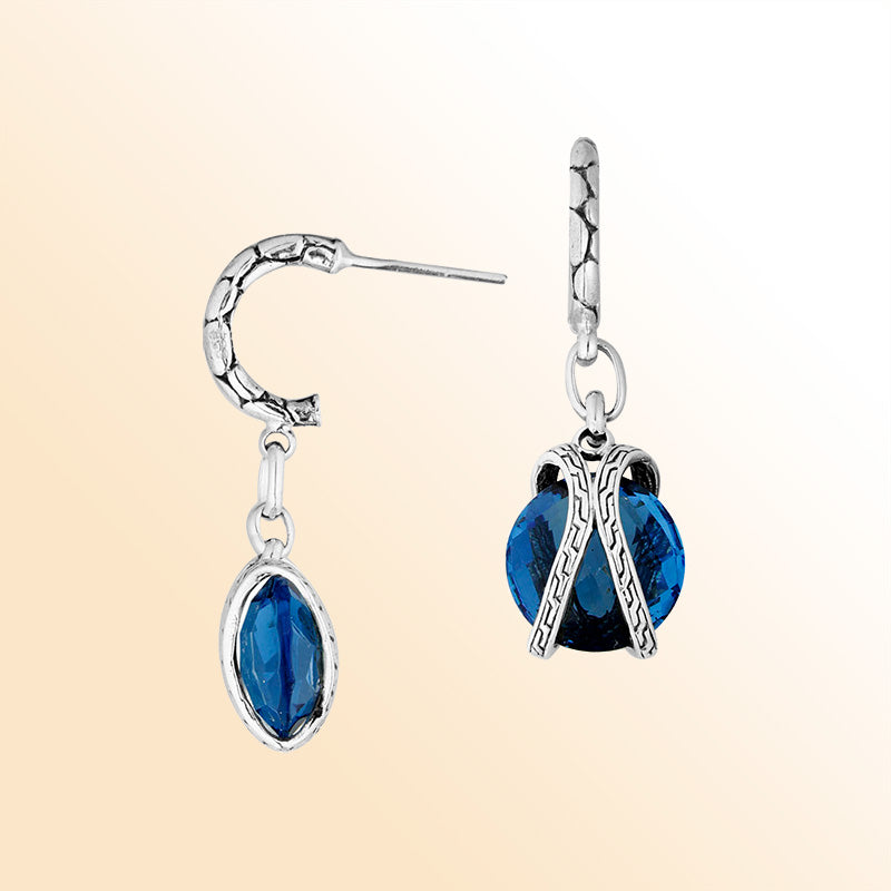 Sterling Silver London Blue Topaz Quartz Ocean Night Drop Earrings With Balinese Artistic Hoop Detailing