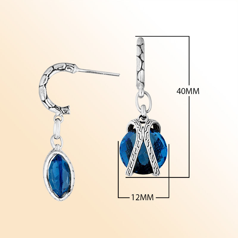 Sterling Silver London Blue Topaz Quartz Ocean Night Drop Earrings With Balinese Artistic Hoop Detailing
