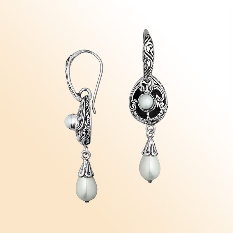 Sterling Silver Mabe Pearl Moonlit Teardrop Earrings With Balinese Artistic Scroll Design