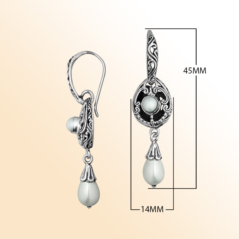 Sterling Silver Mabe Pearl Moonlit Teardrop Earrings With Balinese Artistic Scroll Design
