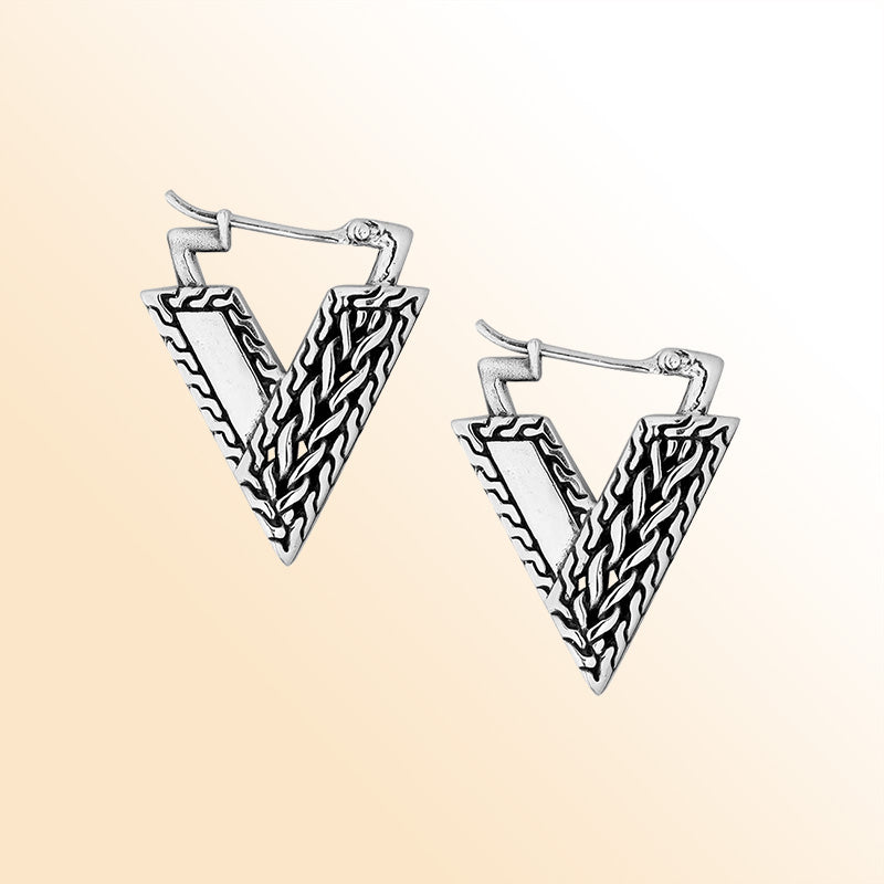 Sterling Silver V-Shaped Tribal Pathway Earrings With Balinese Artistic Geometry