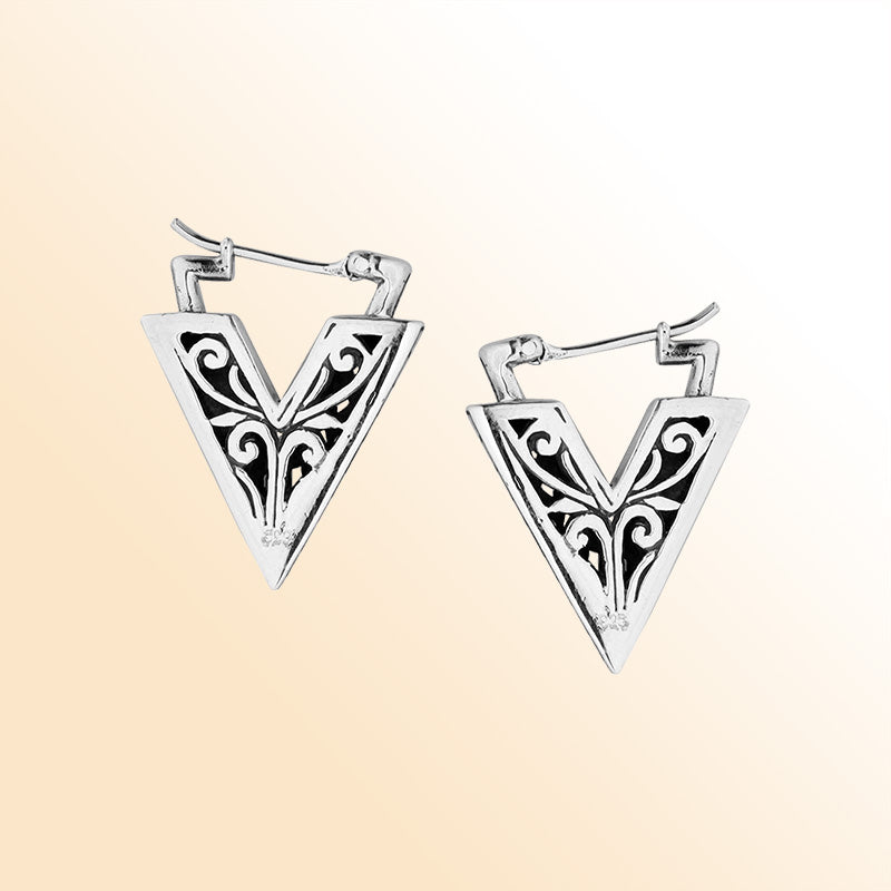 Sterling Silver V-Shaped Tribal Pathway Earrings With Balinese Artistic Geometry