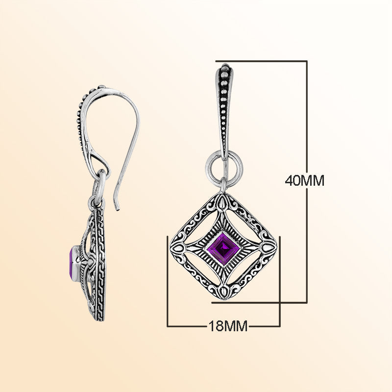 Sterling Silver Amethyst Quartz Royal Lattice Drop Earrings With Balinese Artistic Filigree
