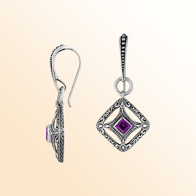 Sterling Silver Amethyst Quartz Royal Lattice Drop Earrings With Balinese Artistic Filigree