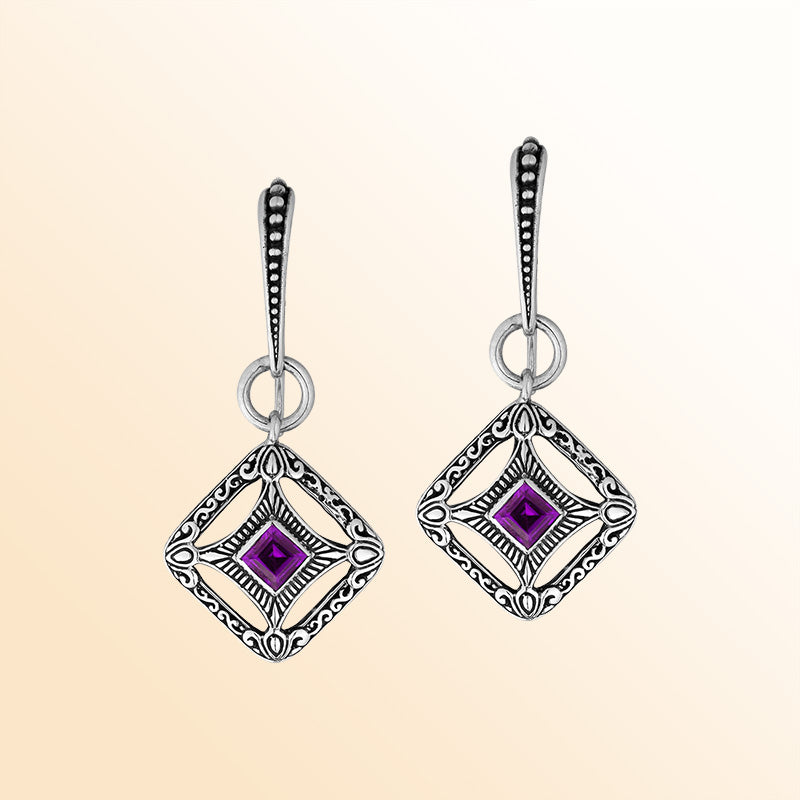 Sterling Silver Amethyst Quartz Royal Lattice Drop Earrings With Balinese Artistic Filigree